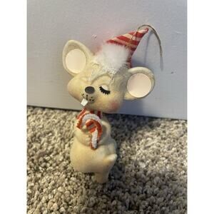 Vintage Flocked Sleepy Mouse Christmas Ornament Candy Cane Decor